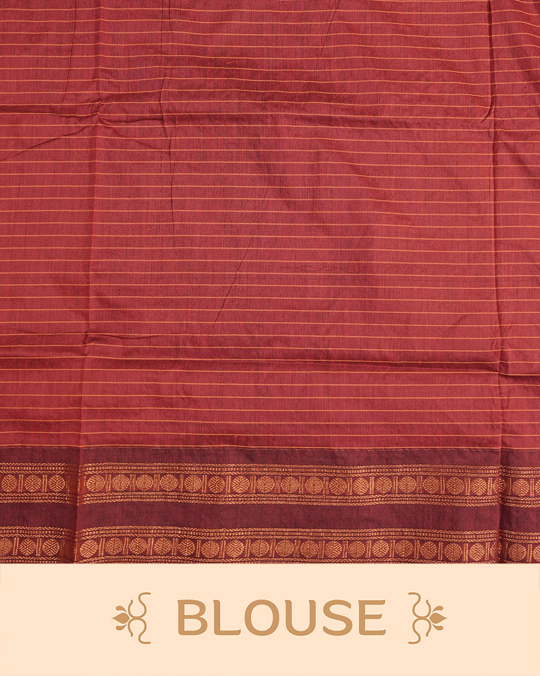 Maroon colour kalyani cotton saree featuring gold zari check pattern on body, complemented by Brown colour with Antique zari border, paired with matching blouse piece
