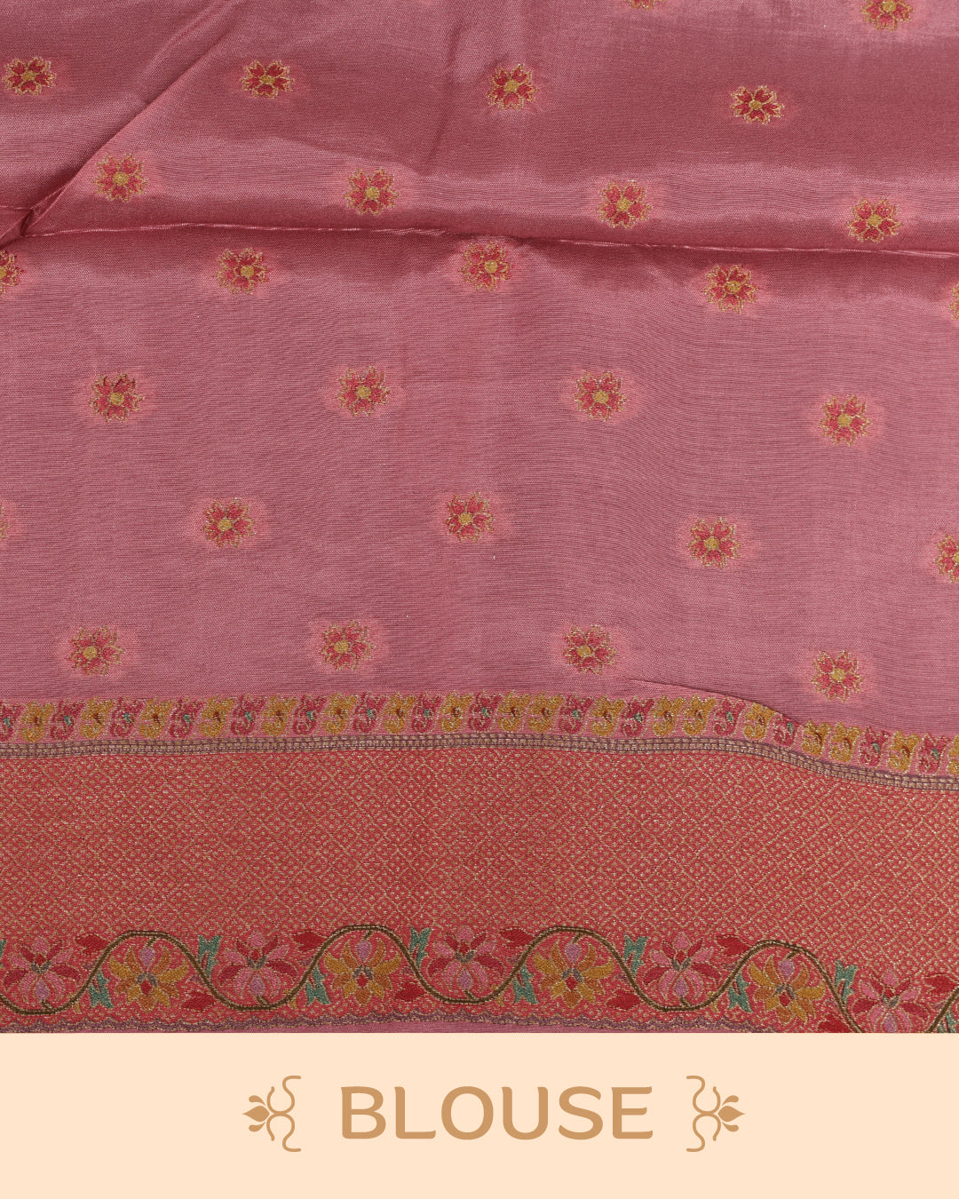 Pink Colour Pashmina Saree featuring Plain body, complemented by Contrast Peach colour with Floral pattern & gold zari on border and Pallu, comes with matching blouse piece.