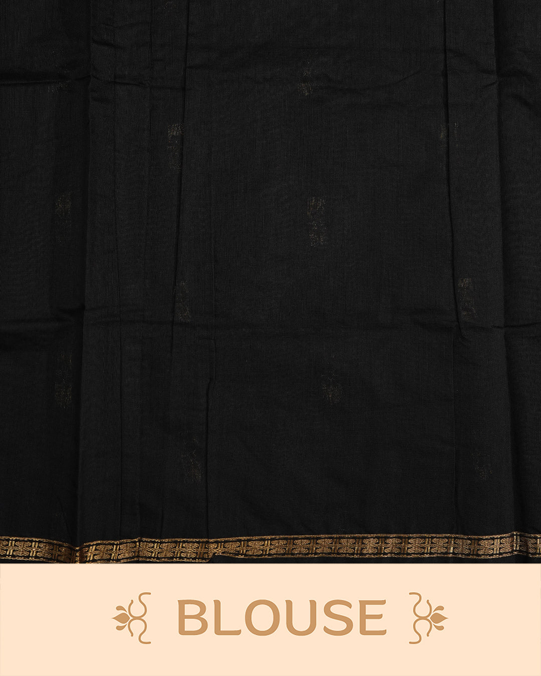 Pista Colour Kalyani Cotton Saree Featuring Gold Zari Floral Patterns on the Body, Complemented by a Black Colour Border with Stripes & Floral Gold Zari, Paired with a Matching Blouse Piece.