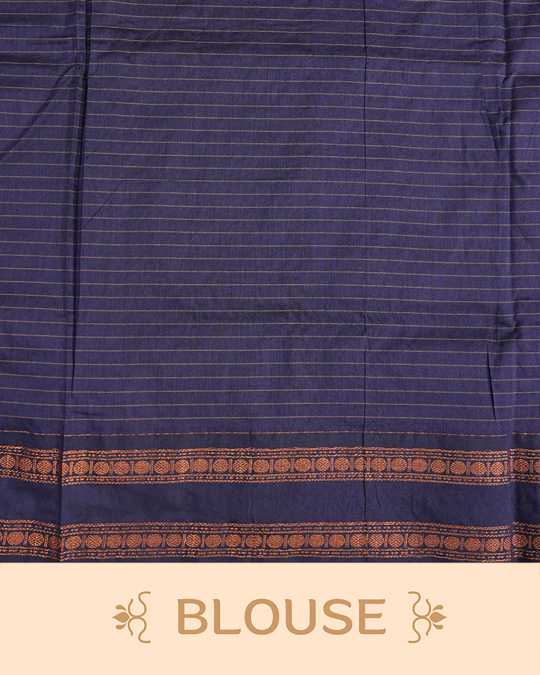 Navy Blue colour kalyani cotton saree featuring zari check pattern on body, complemented by Contrast colour with Antique zari border, paired with matching blouse piece