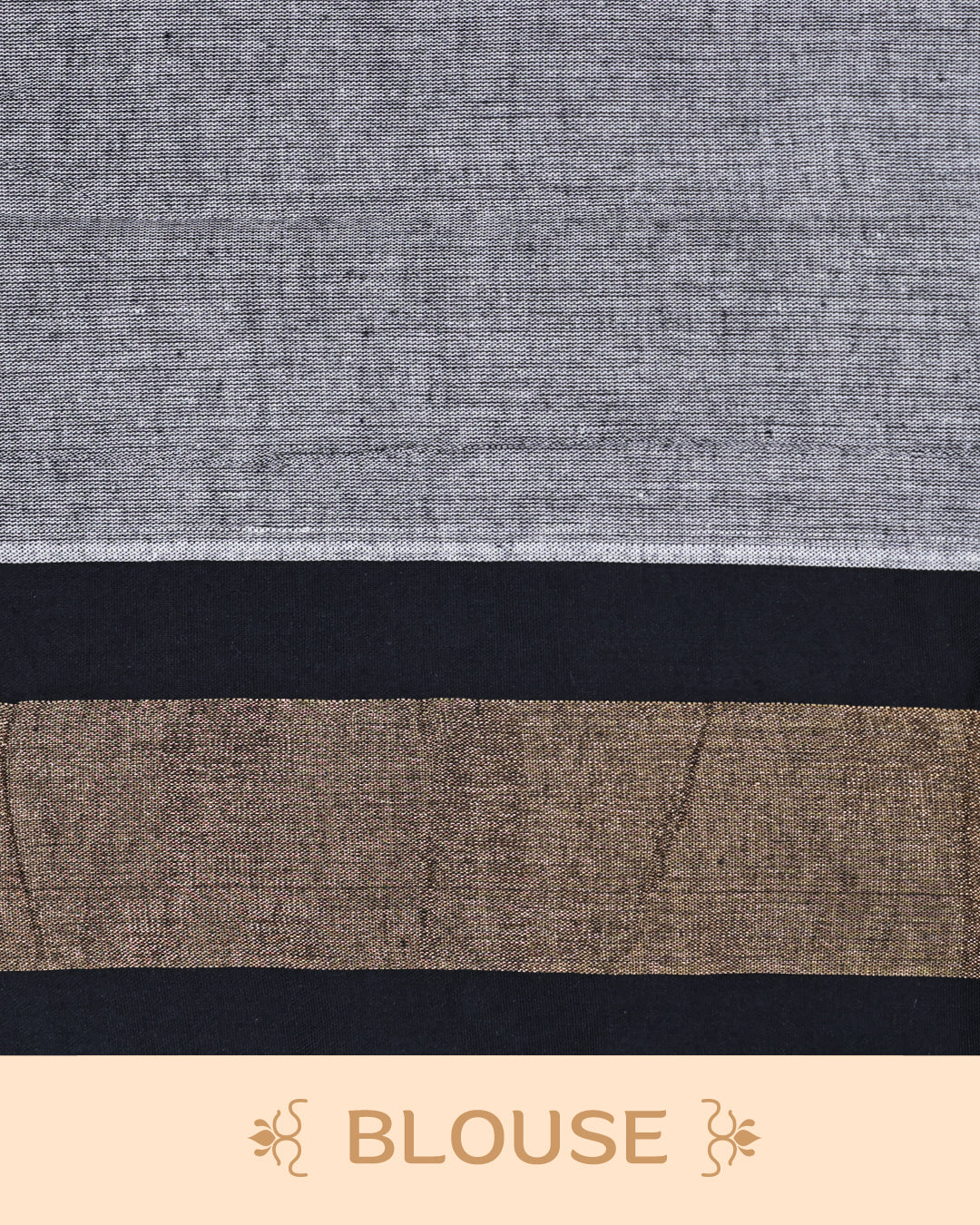 Cream colour Semi chanderi kerala saree featuring Black colour Print on body, complemented by Light Gold zari & black Border, paired with matching blouse piece.