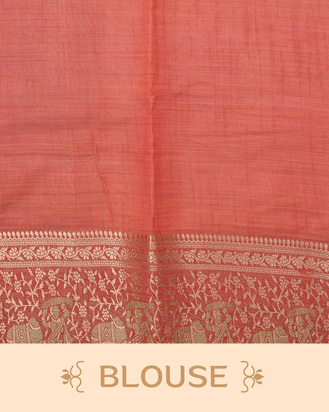 Light gold tussar saree featuring Elegant plain body, complemented by contrast Red colour with Gold zari Floral kodi with Elephant Pattern border, comes with matching blouse piece.