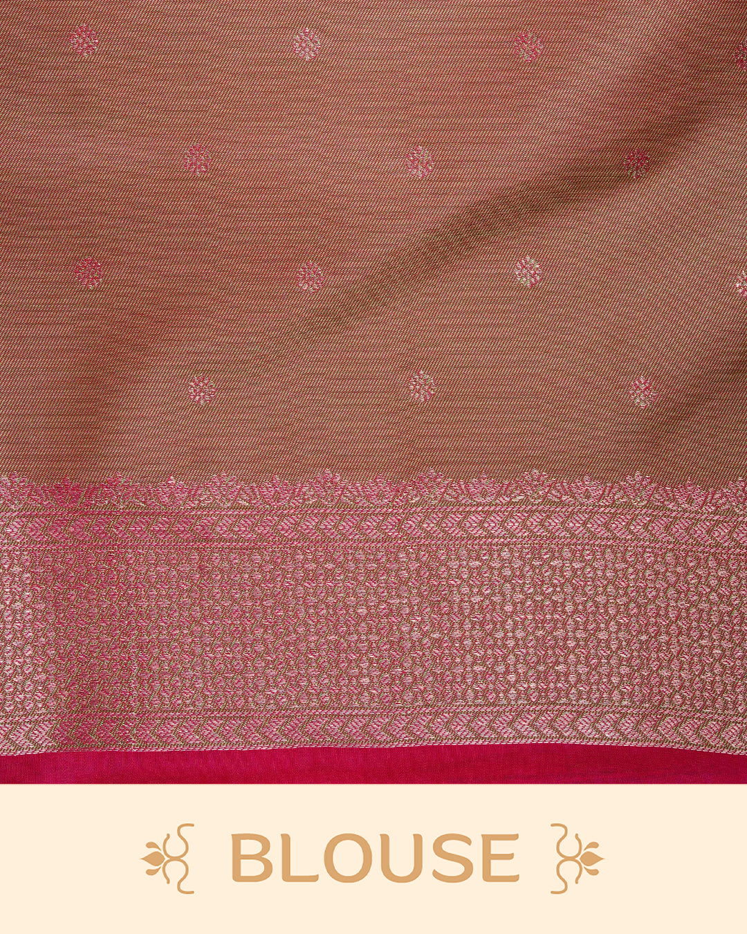 Pink Mulberry silk saree featuring gold floral zari patterns on body, paired with contrast light green colour with traditional border, comes with matching blouse piece.