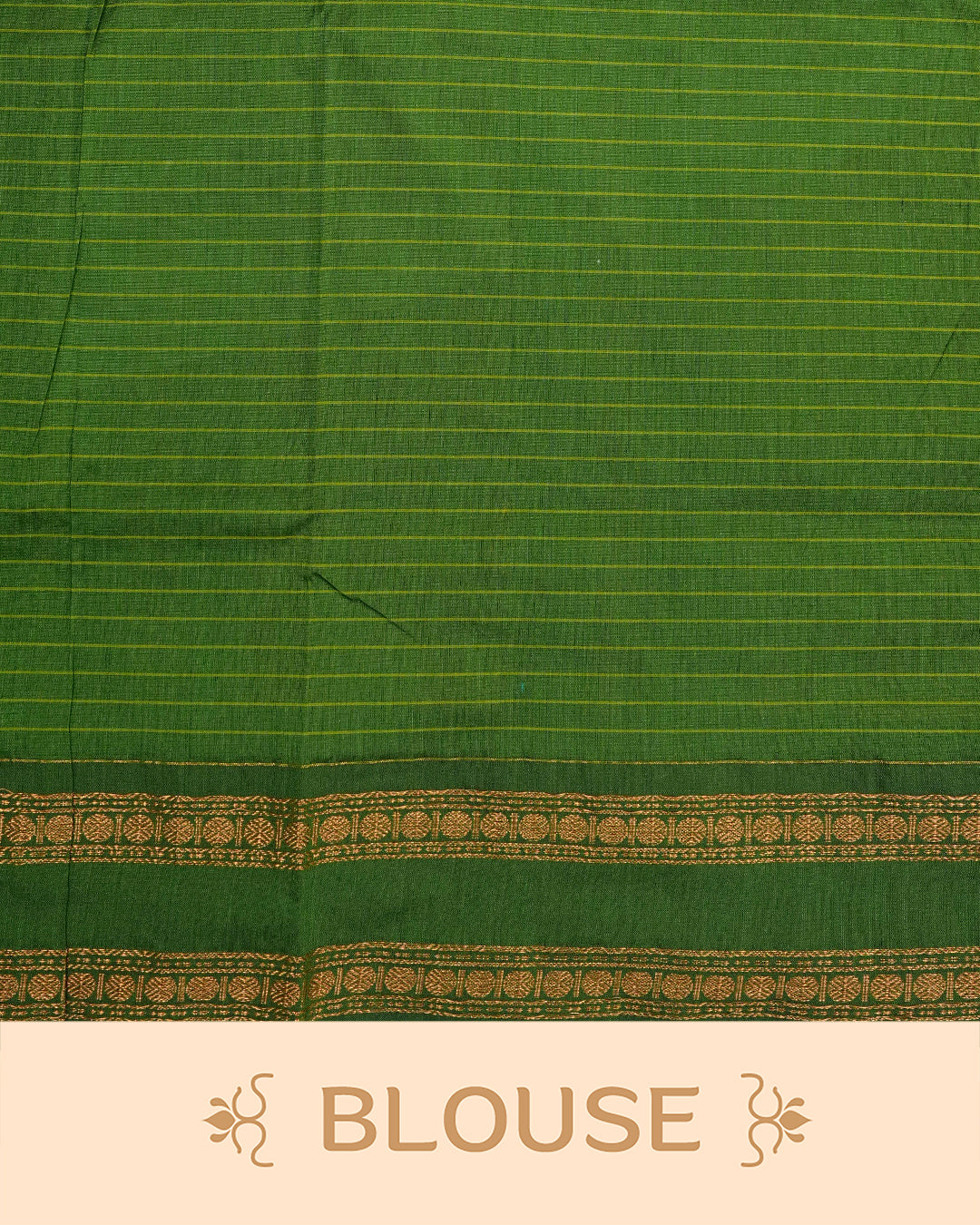 Green colour kalyani cotton saree featuring zari check pattern on body, complemented by Contrast colour with Antique zari border, paired with matching blouse piece