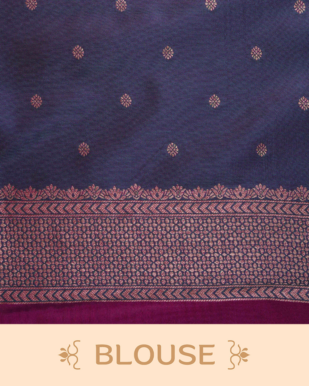 Magenta colour Mulberry silk saree featuring gold floral zari patterns on body, paired with contrast green colour with traditional border, comes with matching blouse piece.
