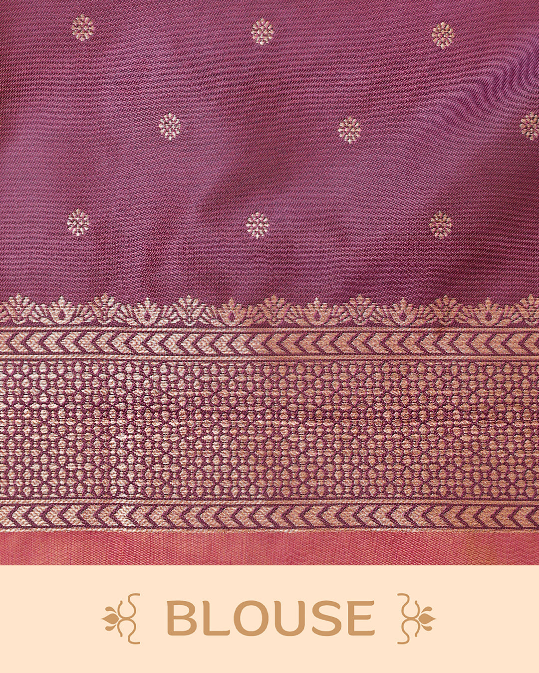 Peach & gold double shade Mulberry silk saree featuring floral gold zari patterns on body, paired with contrast purple colour with traditional border, comes with matching blouse piece.