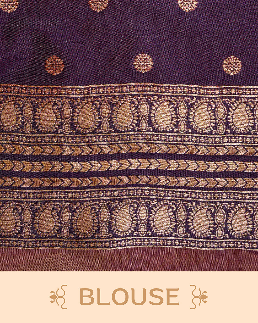 Sandal & gold double shade Mulberry silk saree featuring gold floral zari patterns on body , paired with contrast deep purple colour with traditional border, comes with matching blouse piece.