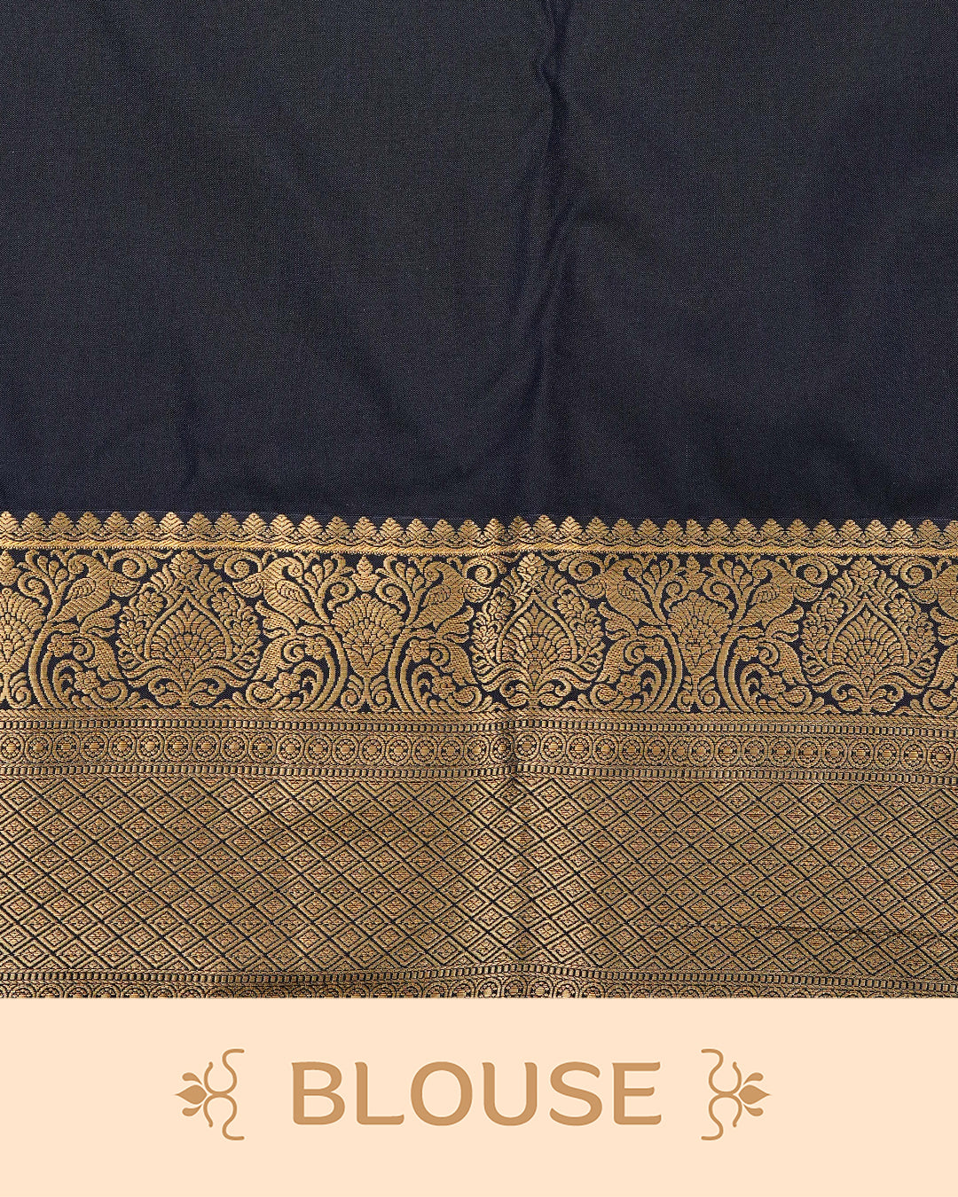 Dark Red colour semi wedding saree featuring  gold zari  Pattern on body, contrast  navy blue colour with traditional border, paired with matching blouse piece.