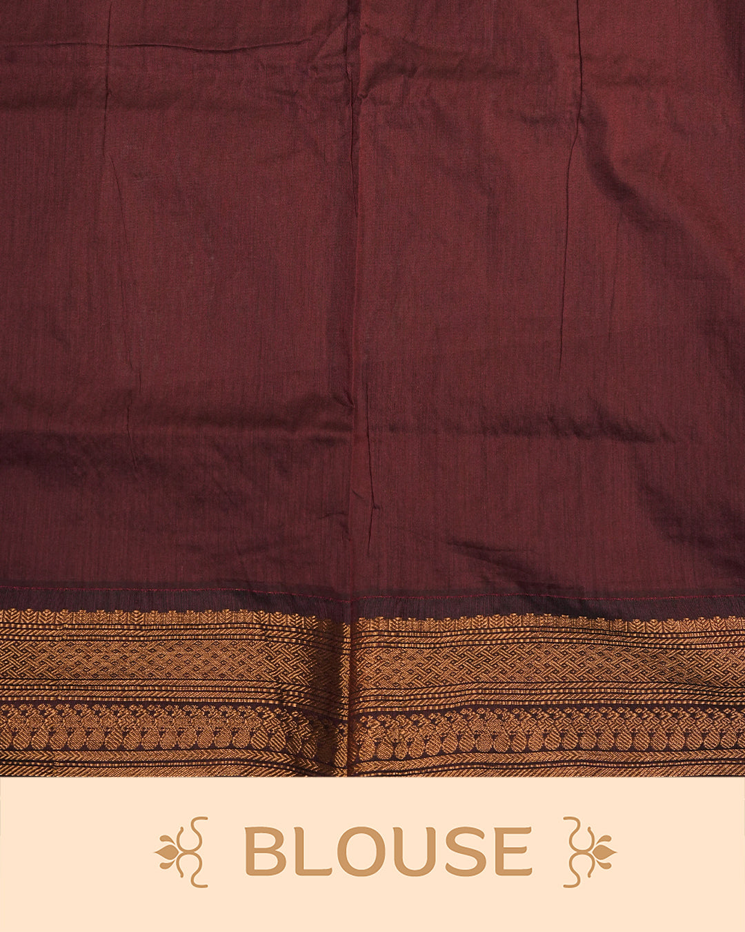 Green colour kalyani cotton saree featuring gold zari check pattern on body, complemented by Maroon colour with Antique zari border, paired with matching blouse piece