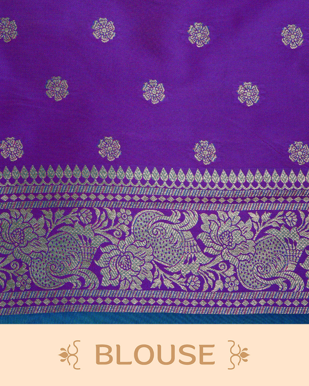 Peacock green Mulberry silk saree featuring gold floral zari patterns on body, paired with contrast wine colour with traditional border, comes with matching blouse piece.