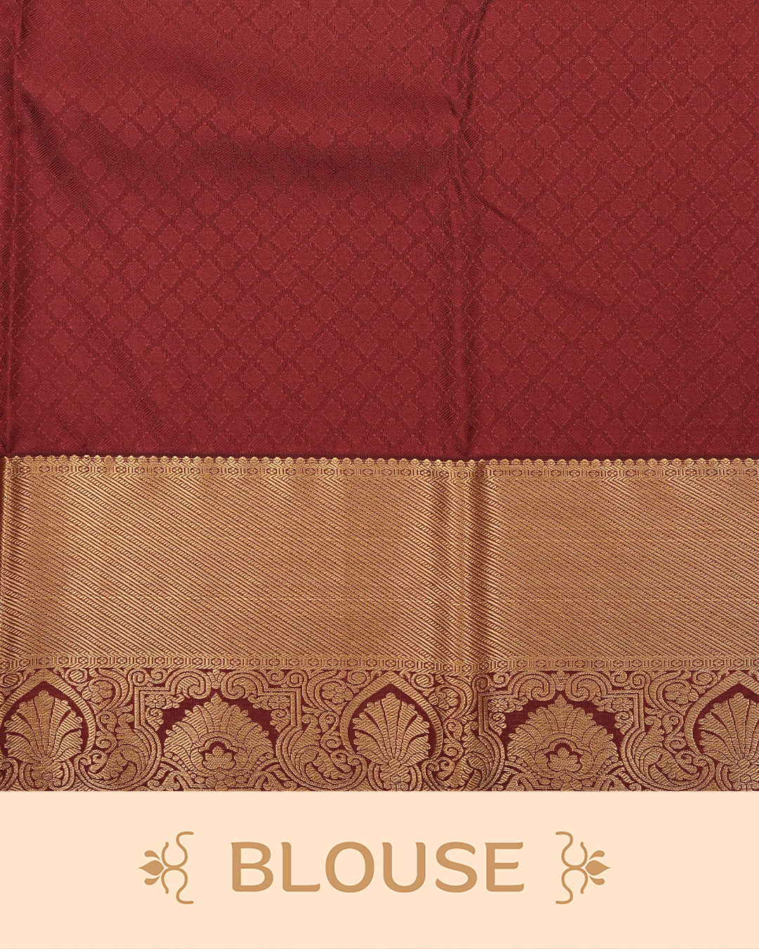 Mustard Orange  colour semi wedding saree featuring  gold zari  Peacock On Checks Pattern on body, contrast  maroon colour with traditional border, paired with matching blouse piece.