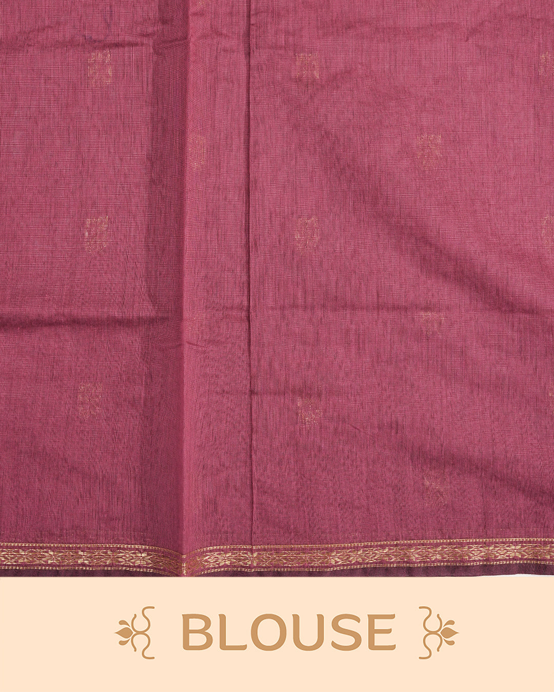 Brown colour Kalyani cotton saree featuring a gold zari floral pattern on the body, complemented by a magenta pallu with gold zari stripes and a floral zari border, paired with a matching blouse piece