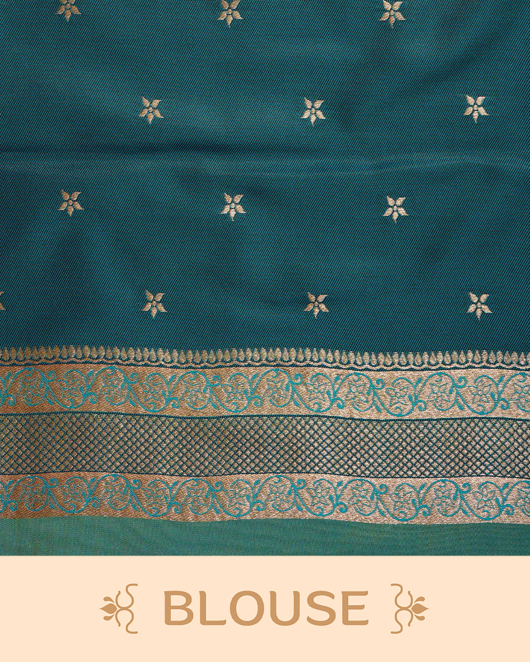 Olive green & gold double shade Mulberry silk saree featuring floral gold zari patterns on body, paired with contrast teal colour with traditional border, comes with matching blouse piece.