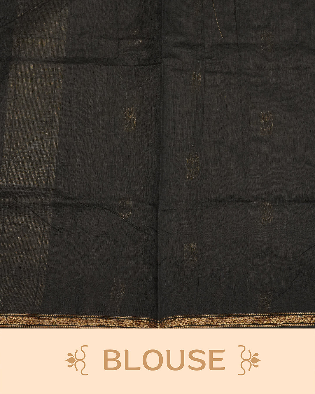 Magenta colour kalyani cotton saree featuring gold zari Floral pattern on body, complemented by  Black colour with Stripes & Floral Gold zari border, paired with matching blouse piece