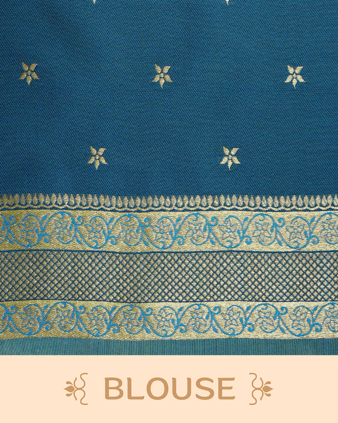 Light green & gold double shade Mulberry silk saree featuring floral gold zari patterns on body, paired with contrast teal colour with traditional border, comes with matching blouse piece.