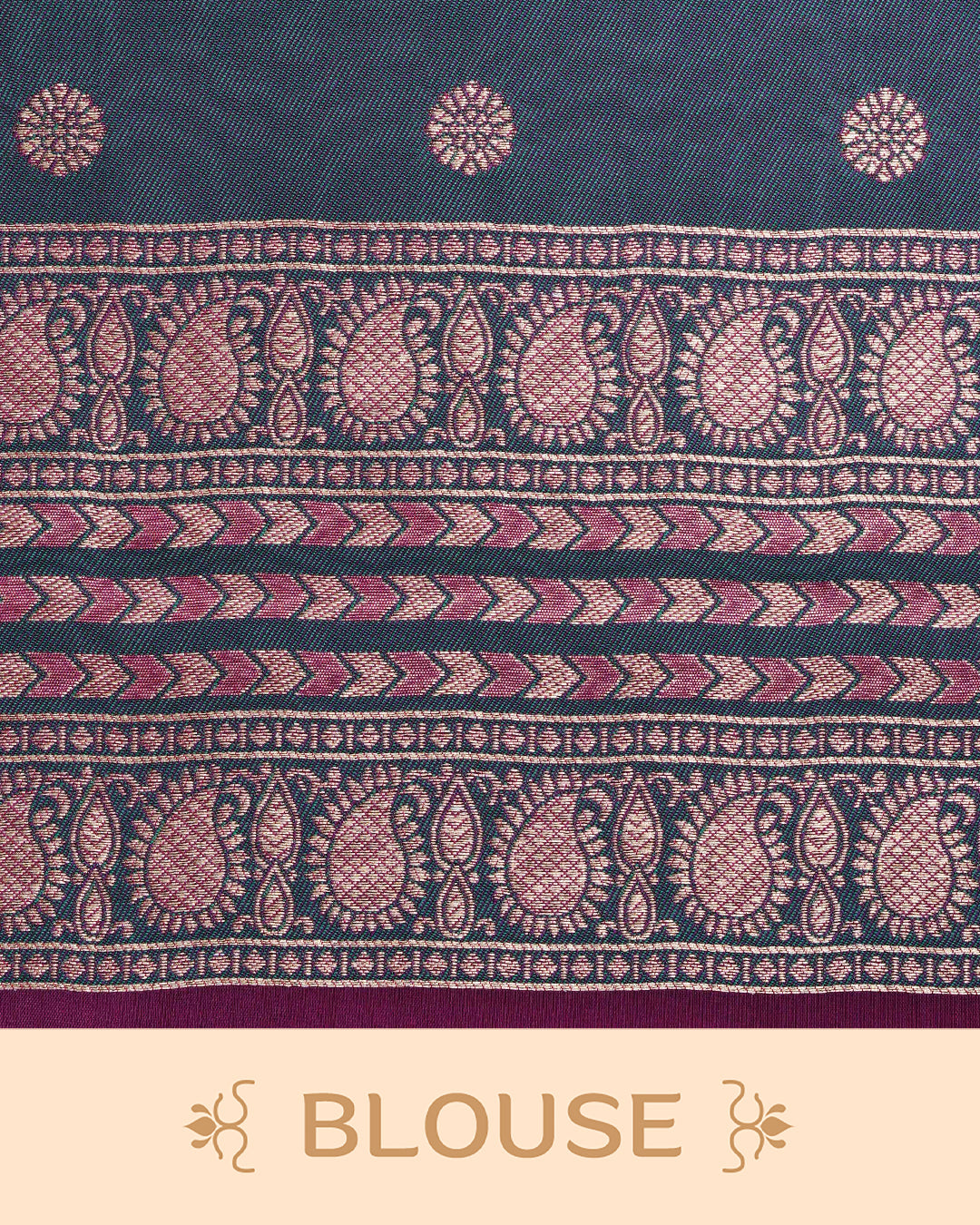 Purple colour Mulberry silk saree featuring gold floral zari patterns on body, paired with contrast green colour with traditional border, comes with matching blouse piece.