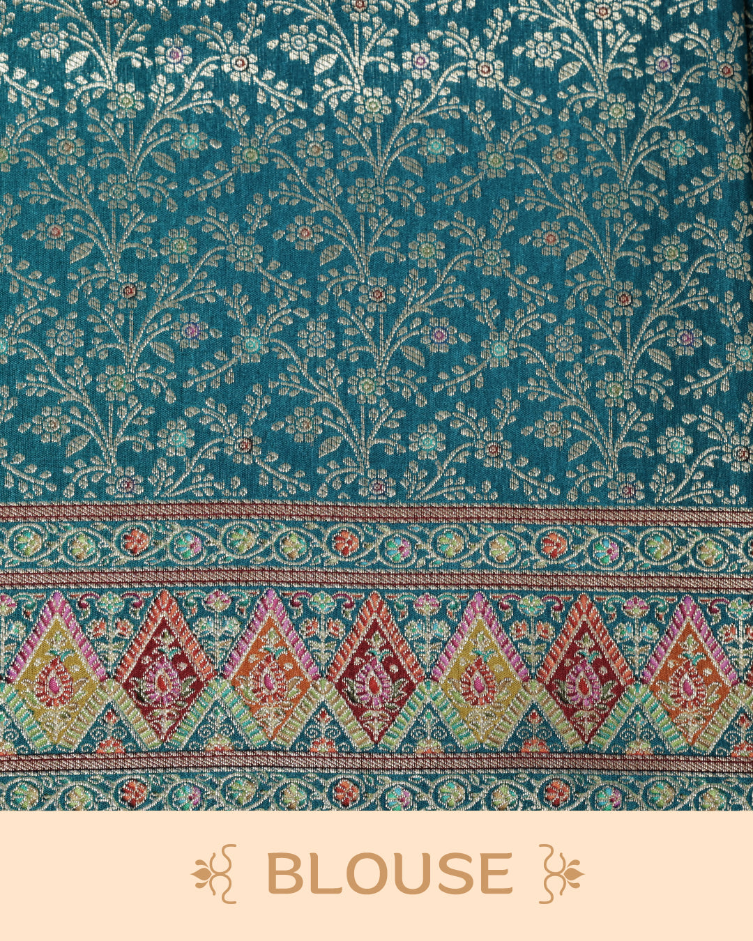 Rani Pink Colour Pashmina Saree featuring Mango motifs on body, complemented by Contrast Teal colour with Floral pattern & gold zari on border and Pallu, comes with matching blouse piece.