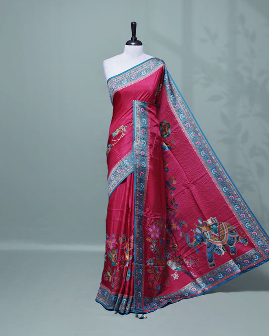 Rani Pink Colour Pashmina Saree featuring Plain body, complemented by Contrast Teal colour with Floral pattern & gold zari on border and Pallu, comes with matching blouse piece.