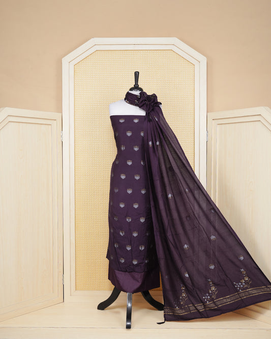 Dark Burgandy colour Georgette Salwar material Featuring Gold & silvar zari floral motifs on body, paired with matching bottom & Elegant Dupatta
