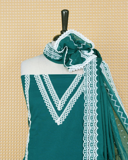 Peacock green colour Cotton Salwar Material Featuring an Threadwork on Body, lace work on neck portion, Paired With a Matching Bottom and an Elegant Dupatta.