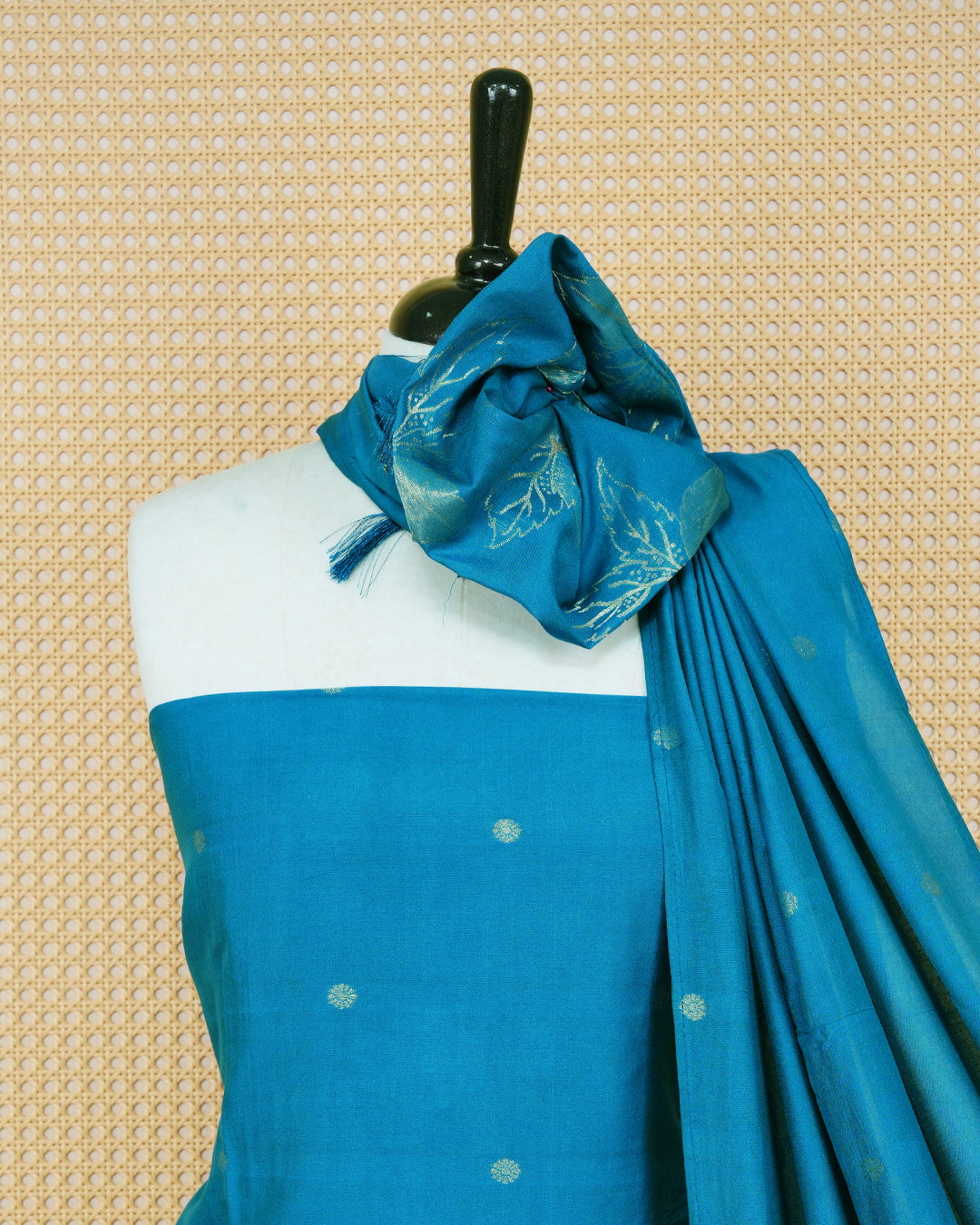 Teal Blue colour Banares Salwar material Featuring Gold zari floral motifs on body, paired with matching bottom & Elegant Dupatta