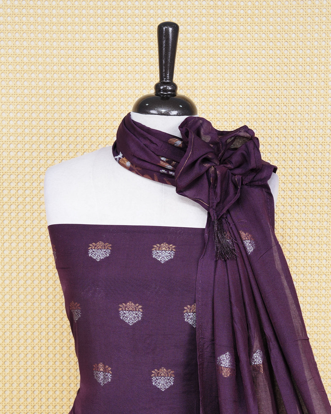 Dark Burgandy colour Georgette Salwar material Featuring Gold & silvar zari floral motifs on body, paired with matching bottom & Elegant Dupatta