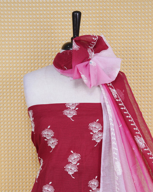 Maroon and pink colour net kota salwar material Featuring  Floral thread motifs on body, paired with matching bottom & Elegant Dupatta