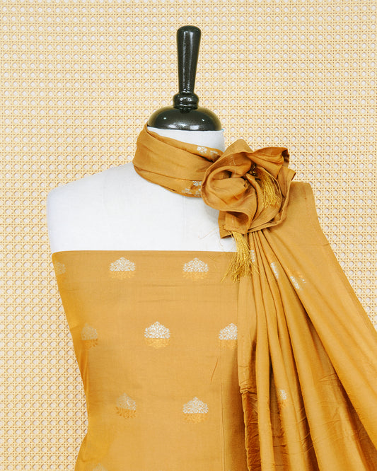 Dark yellow colour Banares Salwar material Featuring Gold and Silver zari floral motifs on body, paired with matching bottom & Elegant Dupatta