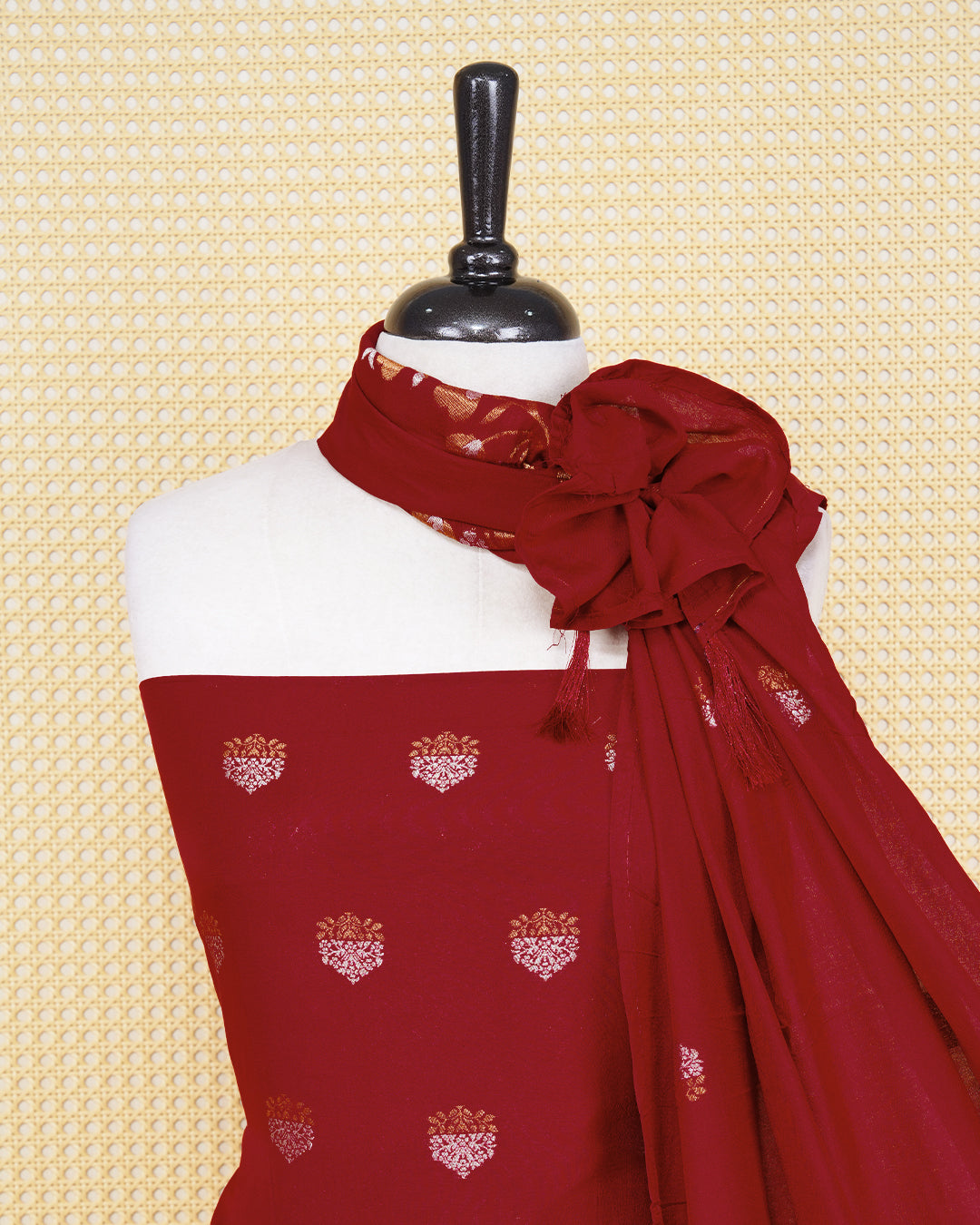 Maroon colour Banaras salwar material Featuring Gold & silver Zari Floral motifs on body, paired with matching bottom & Elegant Dupatta