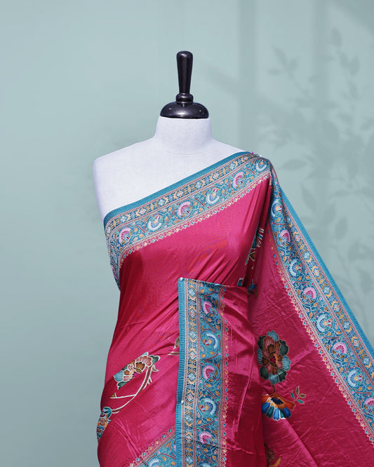 Rani Pink Colour Pashmina Saree featuring Plain body, complemented by Contrast Teal colour with Floral pattern & gold zari on border and Pallu, comes with matching blouse piece.