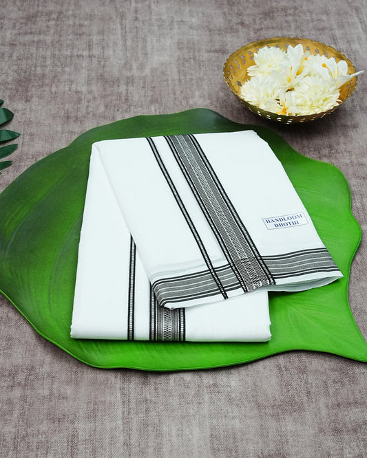 Off White Colour  Handloom Cotton Double Dhoti Finished With Black & Silver Striped kara.