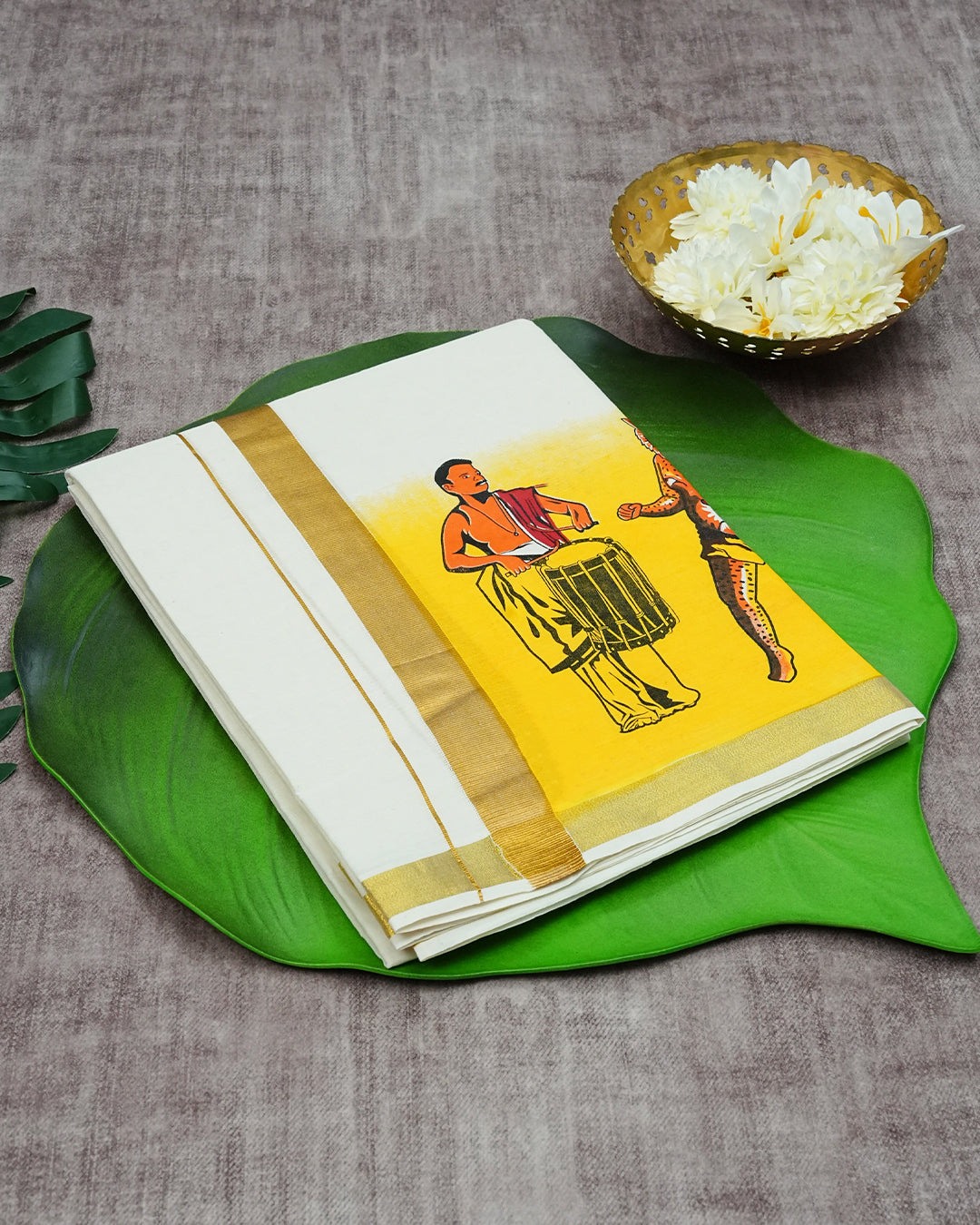 Cream Coloured Cotton Double Dhoti Finished with Onam Themed Prints & Gold Kara
