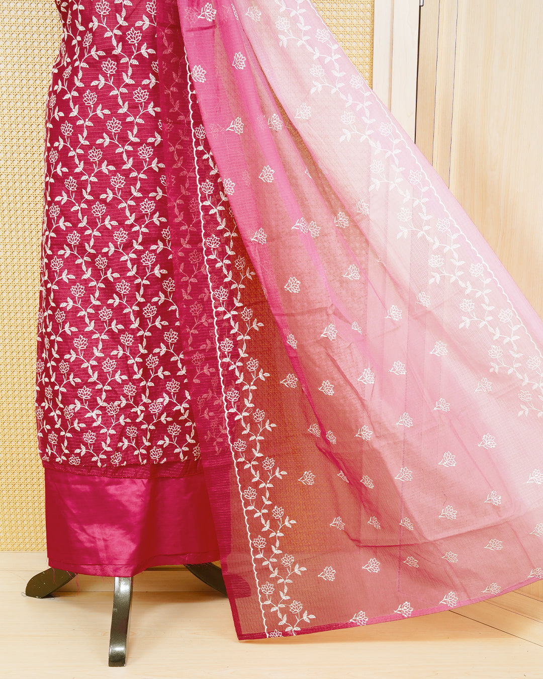 Dark rouge Colour Net Kota Material Featuring Floral Thread Pattern on Body, Paired with Matching Bottom & Elegant Dupatta