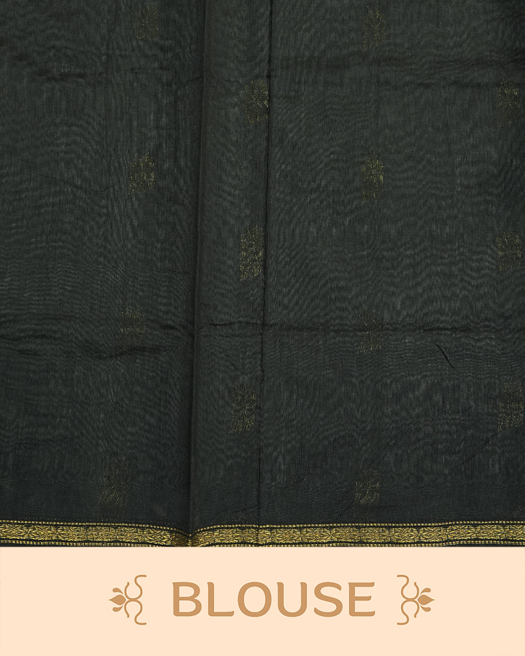 Green  colour kalyani cotton saree featuring gold zari Floral pattern on body, complemented by Black colour with Stripes & Floral Gold zari border, paired with matching blouse piece