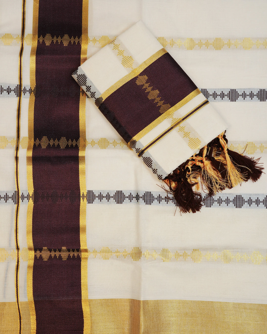Cream colour cotton set mundu featuring Gold & Brown Strips on body, featuring Classic Brown & Gold Kasav kara.