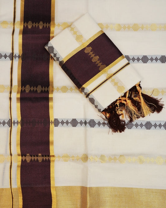 Cream colour cotton set mundu featuring Gold & Brown Strips on body, featuring Classic Brown & Gold Kasav kara.