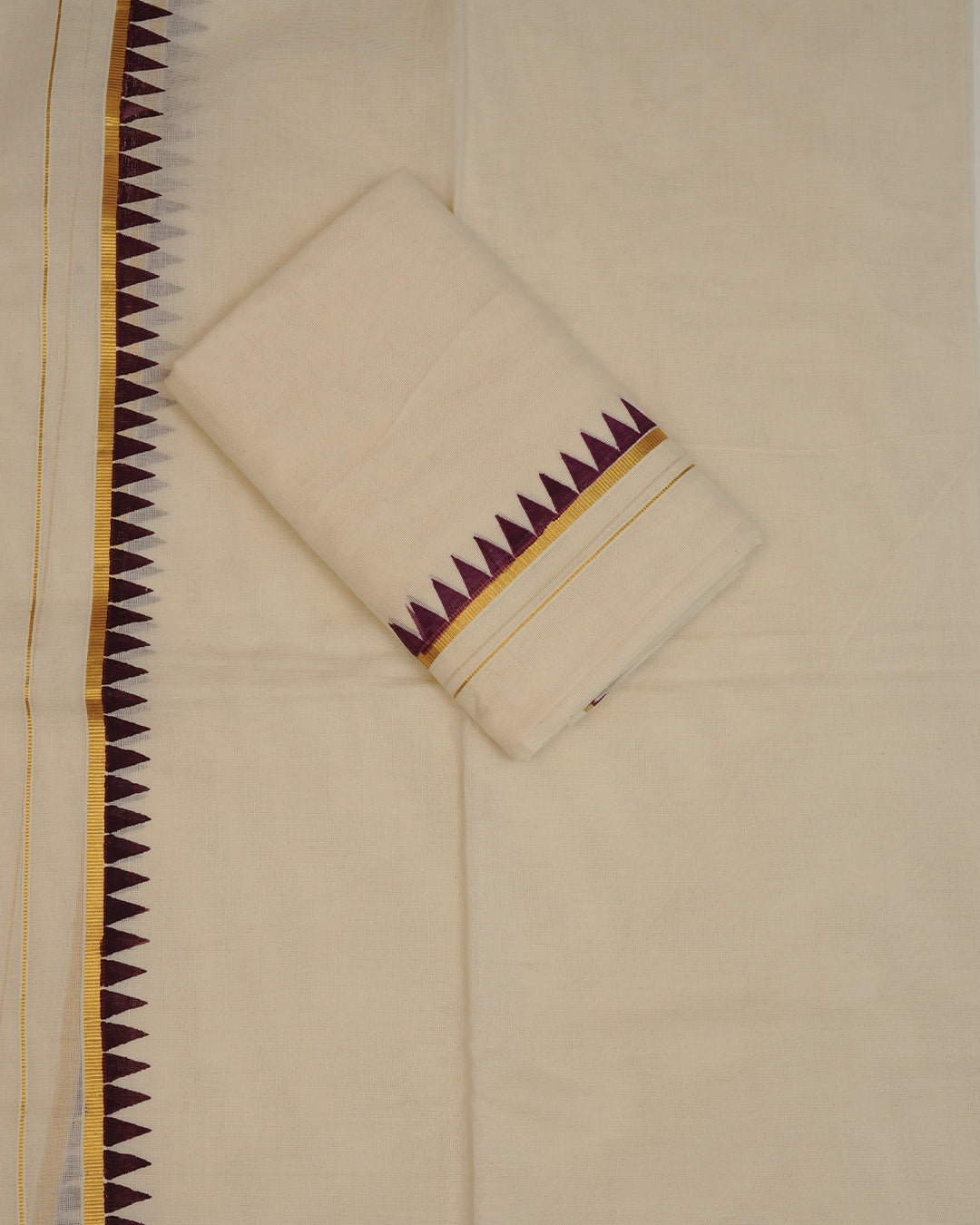 Cream colour cotton Set Mundu With Plain body, enhanced with gold Kasav With Temple Printed kara.