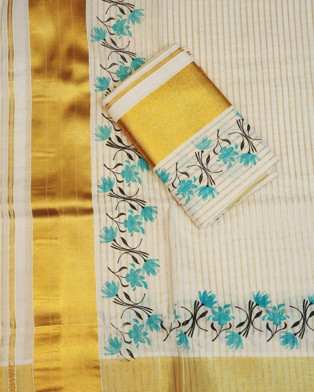 Cream colour cotton Set Mundu With Gold Zari stripes on body, enhanced with gold Kasav With green Floral Printed kara.