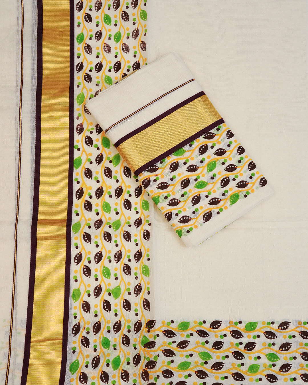Cream colour cotton set mundu Featuring Plain, complemented by Multicolour kodi pattern With Gold & Dark chocolate colour border.