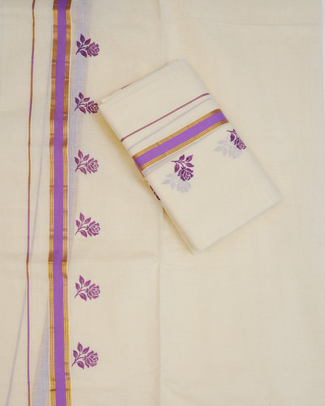 Cream colour cotton set mundu Featuring Elegant plain body, complemented by gold zari with Purple colour rose print kara.