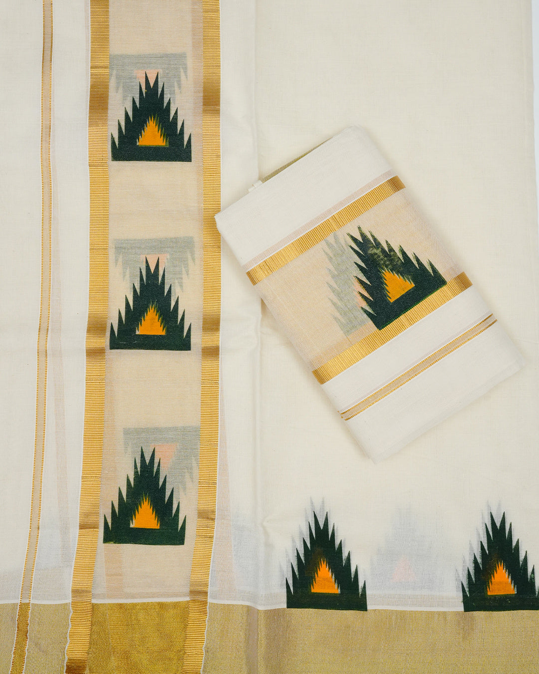 Cream colour cotton Set Mundu With Plain body, enhanced with gold Kasav With Temple Printed kara.