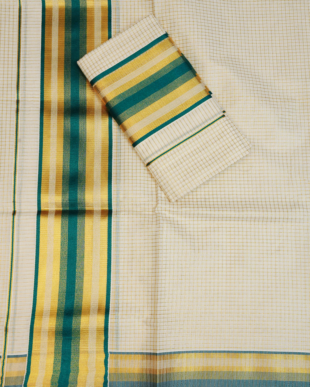Cream colour cotton set mundu Featuring Gold zari check on body, complemented by green kara.