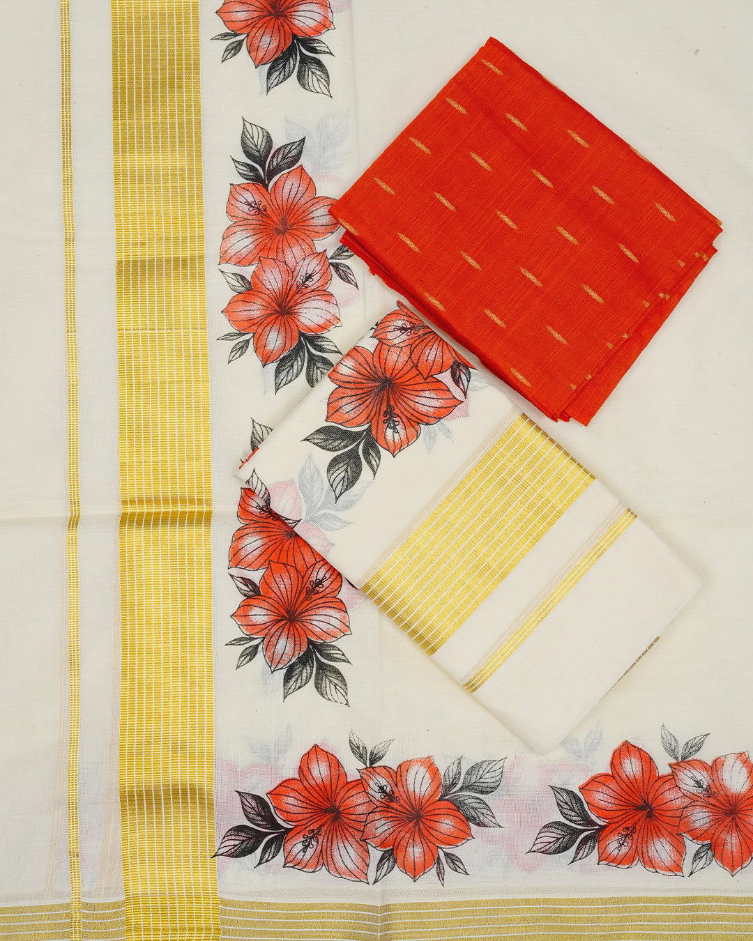 Cream colour cotton Set Mundu With Plain body, enhanced with gold Kasav With Floral Printed kara.