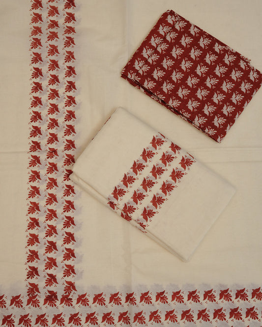 Cream colour cotton Set Mundu Features Plain body, Highlighting Brown colour bird Printed border.