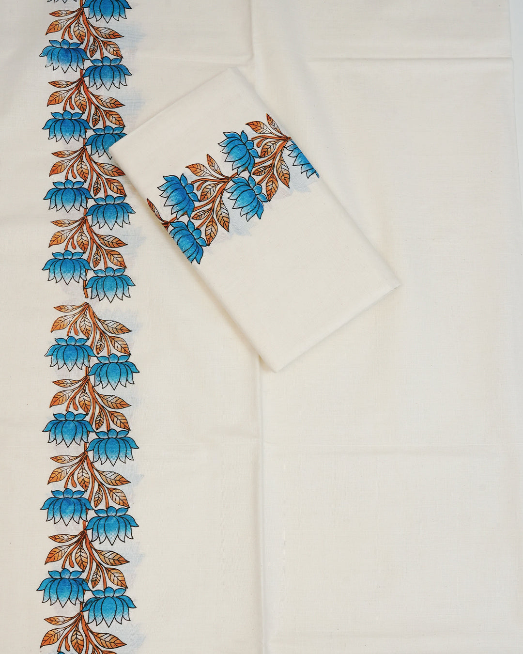 Cream colour cotton set mundu Featuring Elegant plain body, complemented by blue Lotus flower print kara.
