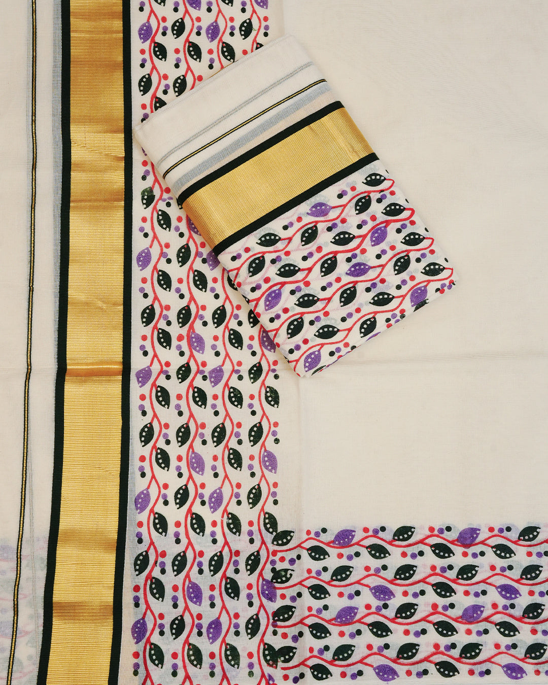 Cream colour cotton set mundu Featuring Plain, complemented by Multicolour kodi pattern With Gold & Green colour border.