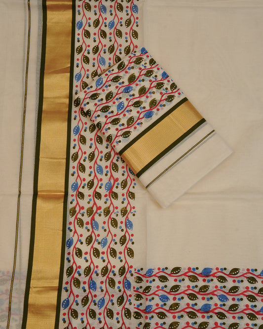 Cream colour Cotton set mundu features a Plain body accented by a Gold with Multicolour Kodi pattern on border.
