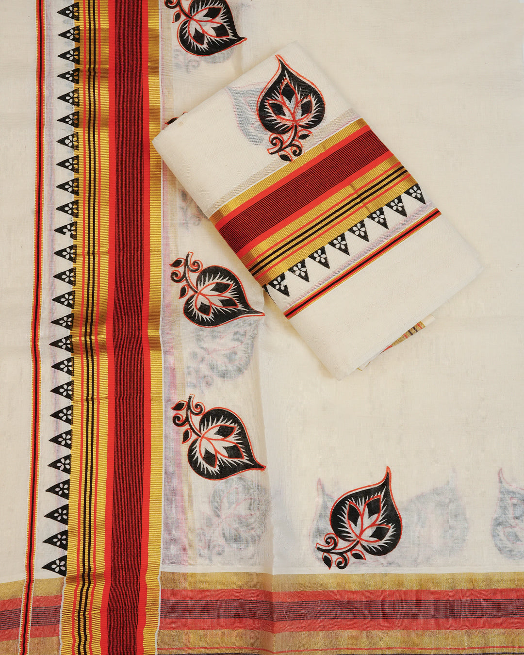 Cream colour cotton set mundu Featuring Elegant plain body, complemented by gold zari & red with Leaf print kara.