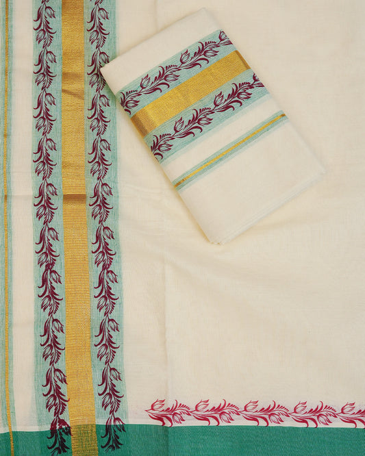 Cream colour Cotton set mundu Featuring Plain body with Gold Zari ,green border with print.
