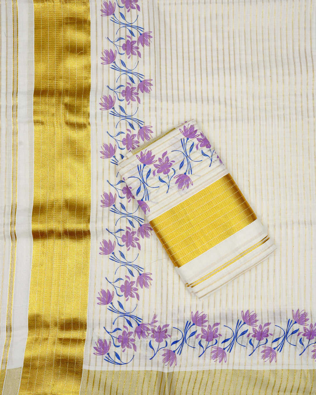 Cream colour Cotton set mundu features a Strip on body accented by a Gold with Purple Floral pattern on border.